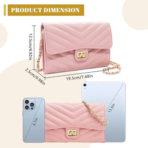 Womens Envelope Crossbody Clutch handbag with chain Pink Quilted - Picture 6 of 12